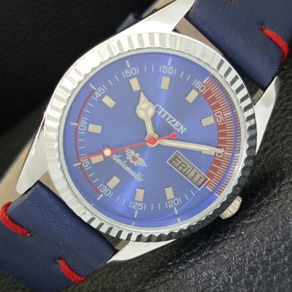 Vintage 1983 Citizen Automatic Mens Silver Watch W/daydate & Red accents